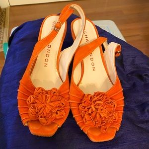 Sacha London Orange suede slingback peep-toe platform pumps with 3.5” heel.
